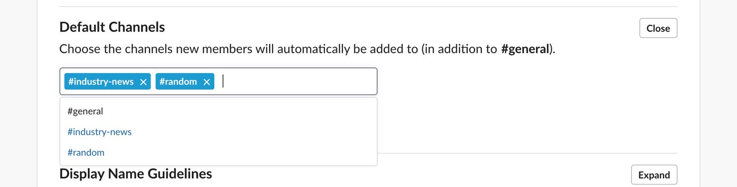 Slack default channels
