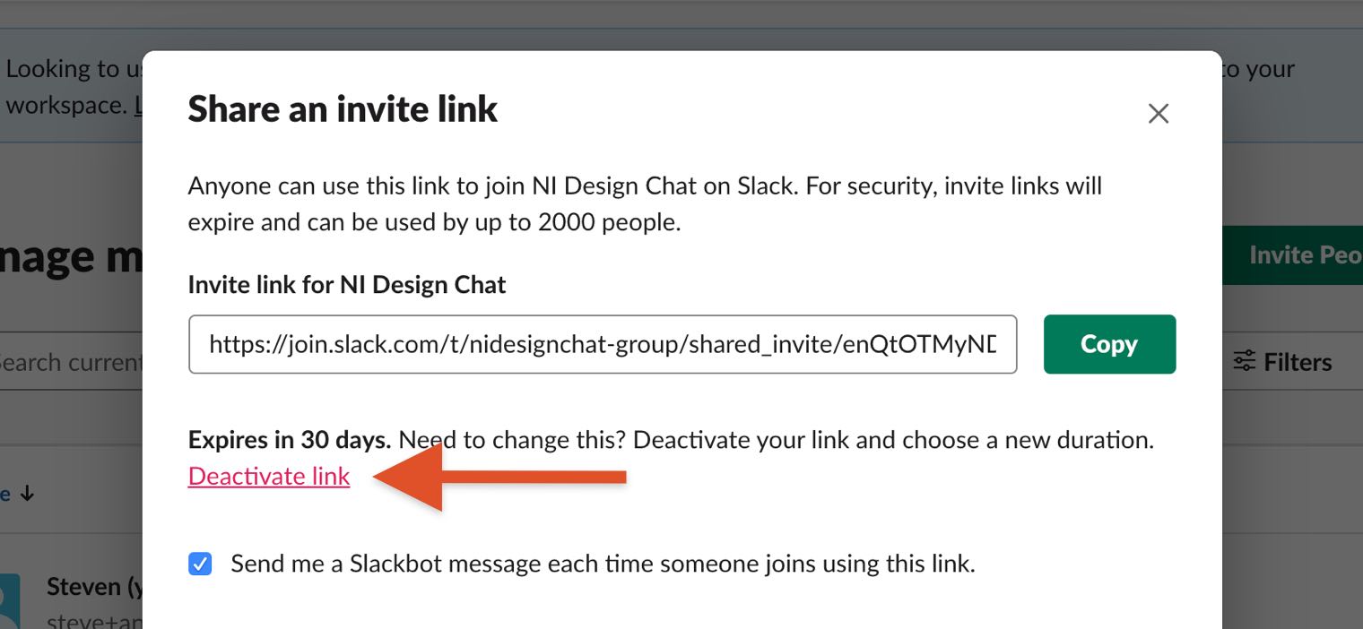 Slack deactivate invite link